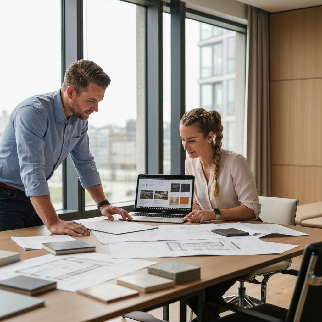 Numeral Sourcing team reviewing architectural plans and material samples